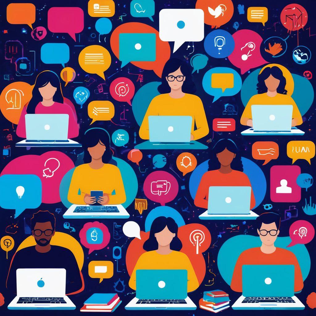 A dynamic scene illustrating a diverse group of individuals passionately sharing stories through laptops and microphones, surrounded by digital visuals and storytelling icons like books and speech bubbles, conveying inspiration and creativity. Vibrant colors. Vector art. High-contrast background.