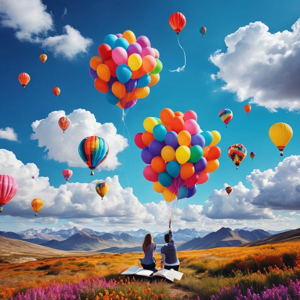 A whimsical landscape filled with floating blogs represented as colorful balloons, each depicting topics like personal stories, advice, and thought leadership. In the foreground, a diverse group of people are happily interacting and sharing ideas, symbolizing connection and community. The sky is bright with fluffy clouds shaped like notebooks and ideas. The scene conveys a sense of exploration and creativity in the blogging world. vibrant colors. 3D.