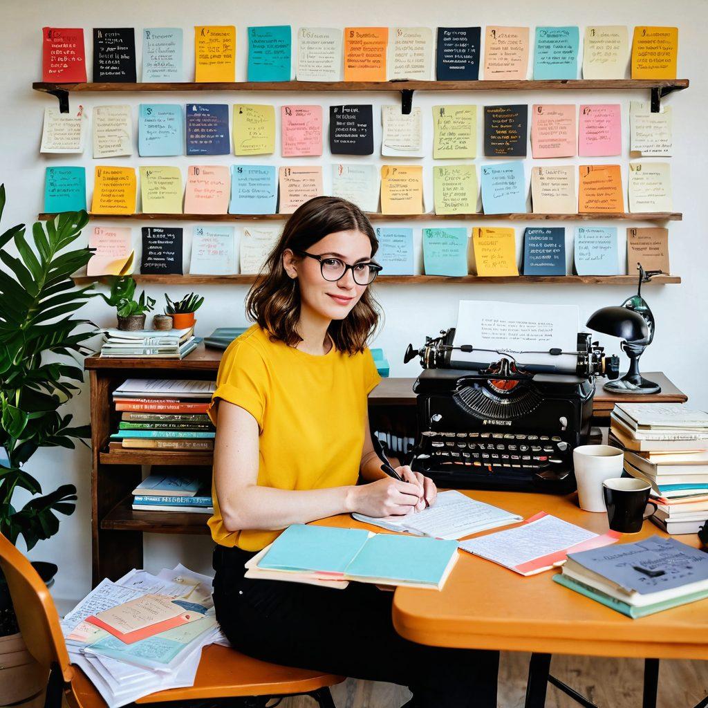 A captivating workspace scene featuring a writer at a vintage typewriter surrounded by notes and inspirational quotes on colorful sticky pads. The background displays a bookshelf filled with books on blogging and creativity, while a warm cup of coffee steams beside the keyboard, evoking a cozy atmosphere. Bright, inviting colors enhance the creative energy of the space. super-realistic. vibrant colors. white background.